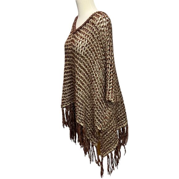 Willow & Clay Poncho M Brown Open Crochet Knit Fringe Oversized Boho Chunky Cozy - Picture 3 of 14